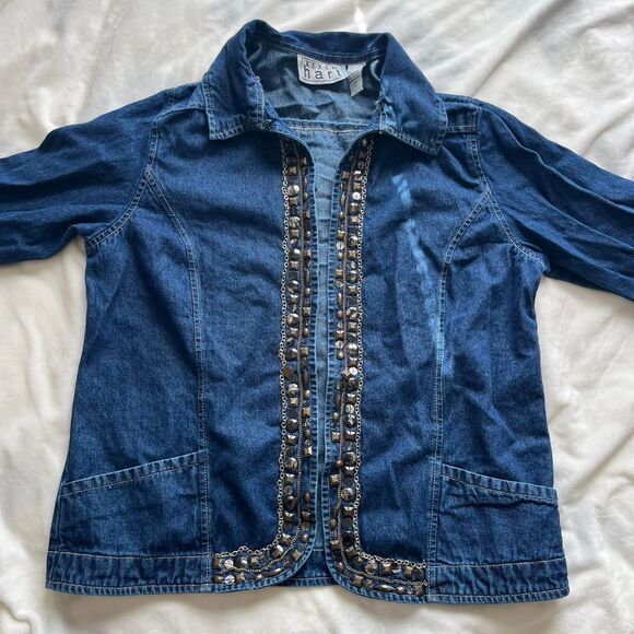 Vintage Y2K boho blue denim lightweight jacket with beaded & chain details large - Picture 1 of 8